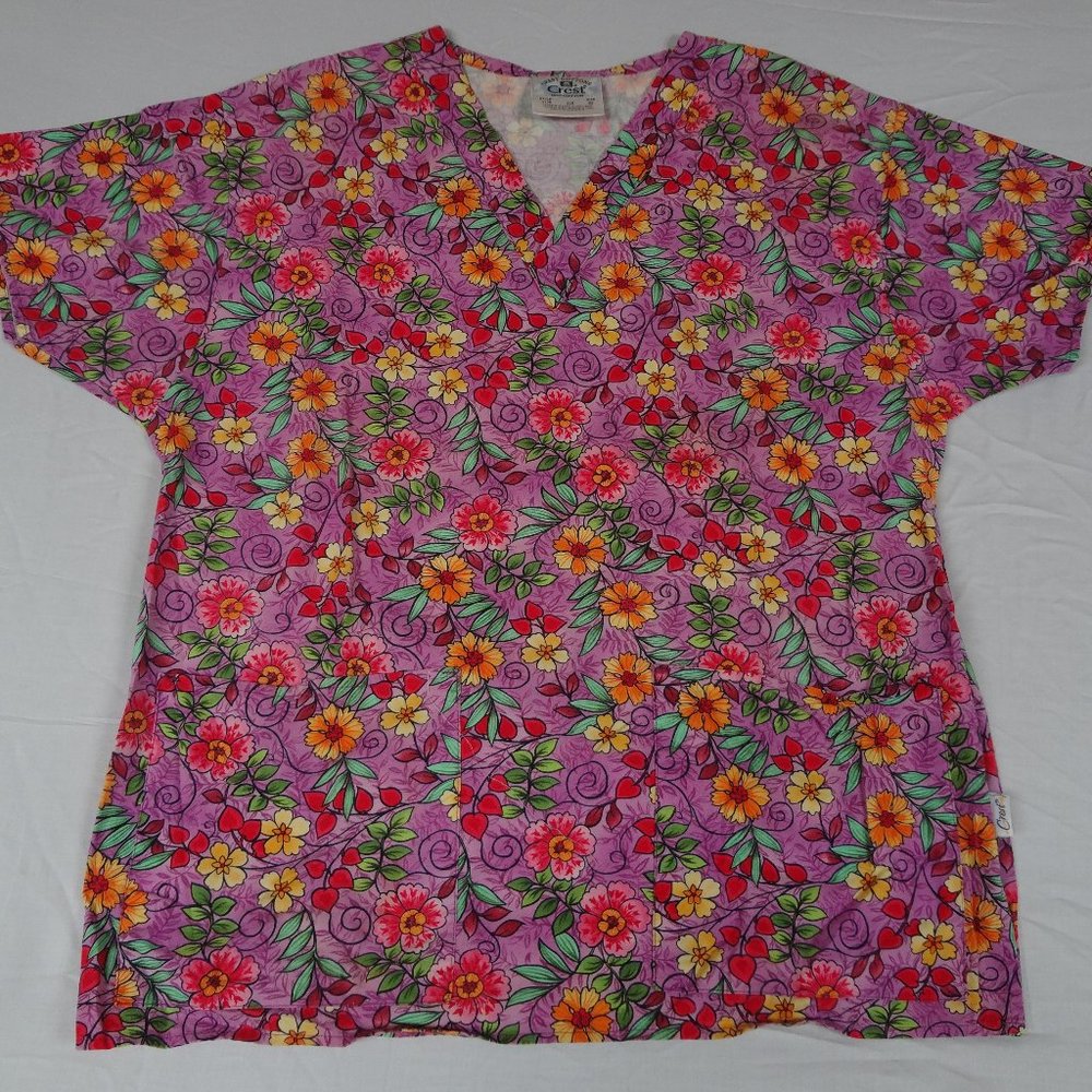 CREST COTTON FLORAL PATTERN FLOWERS PURPLE YELLOW SCRUB TOP SMALL WOMENS H1509
